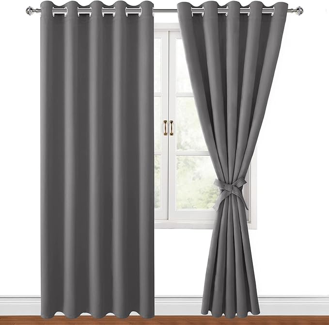 Hiasan Blackout Curtains for Bedroom, 60 x 84 Inches Long - Thermal Insulated & Light Blocking Window Curtains for Living Room, 2 Drape Panels Sewn with Tiebacks, Light Grey by Hiasan