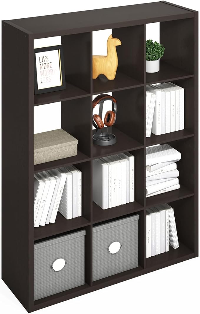 Furinno Simple Cube Storage Organizer, 12-Cube Display Shelf, Open Back Shelving Unit, Storage Shelves, Extra Thick Frame, for Organization and Storage, Living Room, Home Office, Dark Oak - Image 5