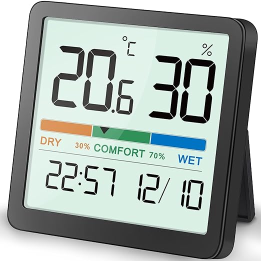 NOKLEAD Hygrometer Indoor Thermometer, Desktop Digital Thermometer with Temperature and Humidity Monitor, Accurate Humidity Gauge Room Thermometer with Clock (Black) by NOKLEAD