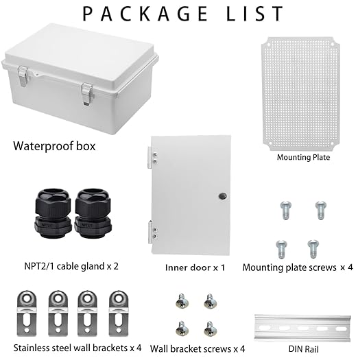 Waterproof Electrical Box with Mounting Plate, IP67 Junction Box Stainless Steel Latch Hinged Grey Cover Project Enclosure with Inner Door,Wall Bracket and 2 Glands 14" x 10" x 6" - Image 5