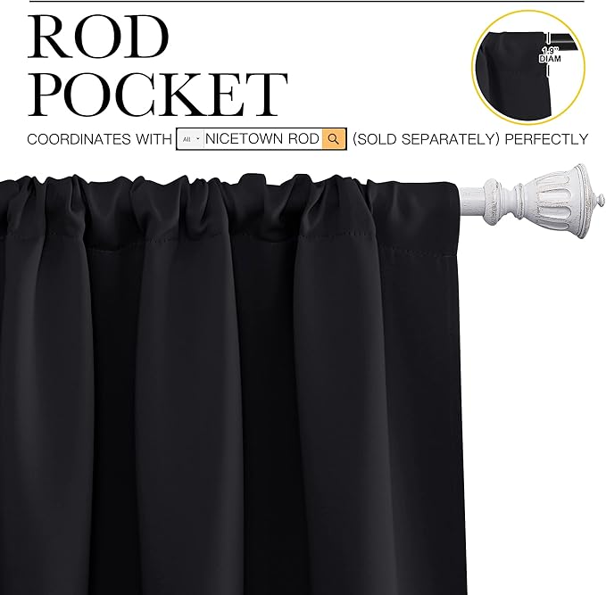 NICETOWN Black Blackout Curtain Blinds - Solid Thermal Insulated Window Treatment Blackout Drapes for Bedroom (2 Panels, 52 inches Wide by 72 inches Long) - Image 3