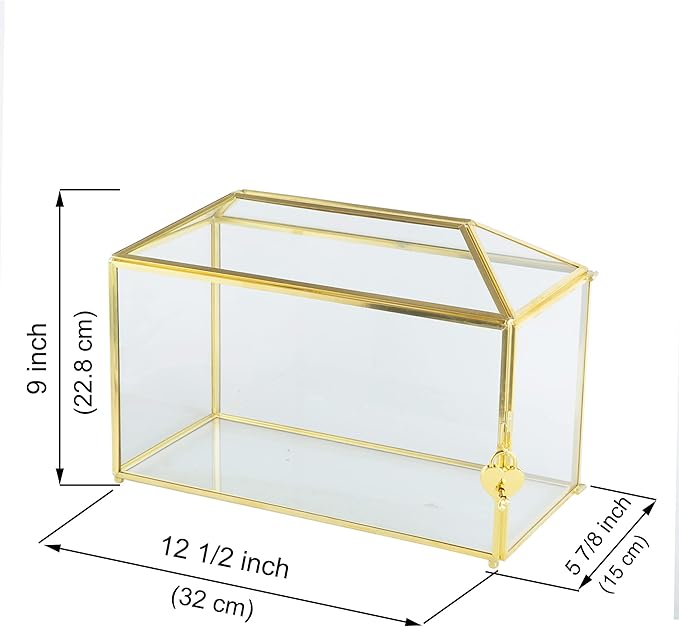 Glass Wedding Card Box with Slot, 12.6 inch Large Clear Card Box Gold Brass Gift Card Storage Box with Lock for Wedding Receptions, Baby Shower, Birthday Party, Bridal Shower - Image 7