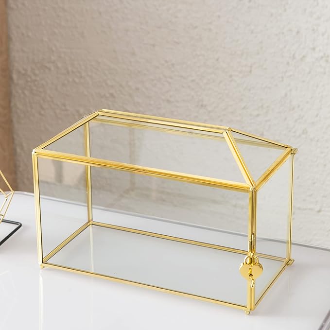 Glass Wedding Card Box with Slot, 12.6 inch Large Clear Card Box Gold Brass Gift Card Storage Box with Lock for Wedding Receptions, Baby Shower, Birthday Party, Bridal Shower - Image 5