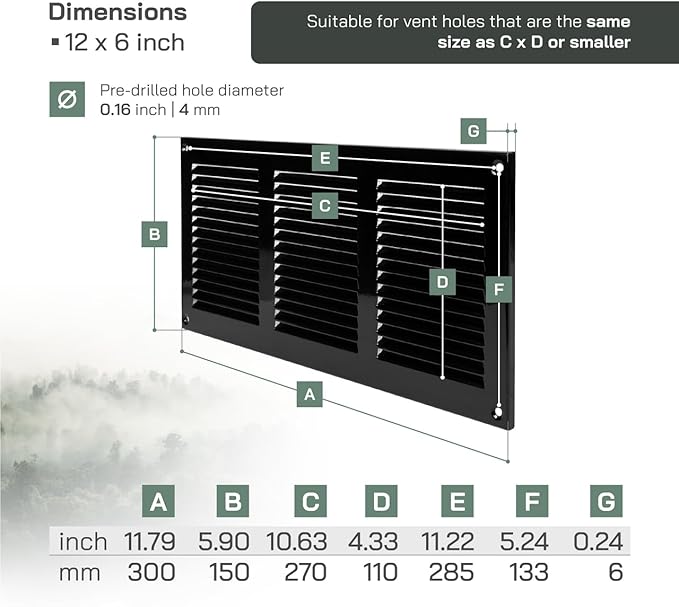 Vent Systems 12'' x 6'' Inch (Overall Dimensions) Black Metal Vent Duct Cover - Louvered Rectangular Return Grill with Built in Mesh Screen - HVAC Ventilation Grille for Home Improvement - Image 2