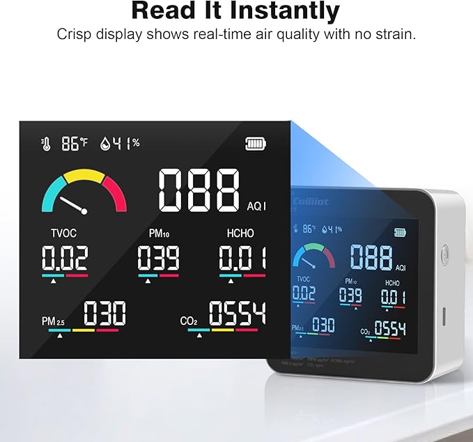 Air Quality Monitor Indoor – CO2 Detector, VOC Meter and AQI Tester Tracks TVOC, HCHO, PM2.5 & PM10 with Temperature & Humidity Sensor for Home Office (White) - Image 4