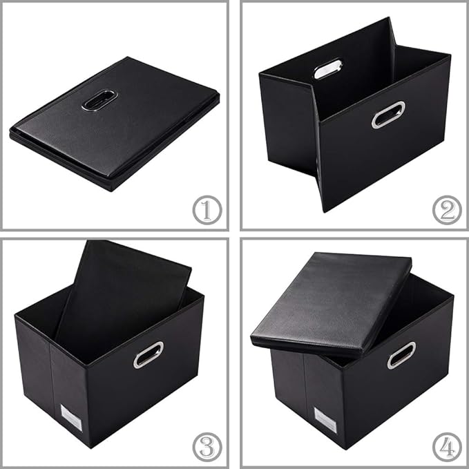 PRANDOM Large Foldable Storage Bins with Lids [3-Pack] Leather Fabric Collapsible Storage Boxes Organizer Containers Baskets Cube with Cover for Home Bedroom Closet Office Black(17.7x11.8x11.8) - Image 5