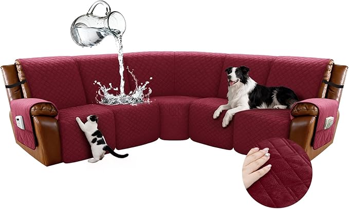 Arfntevss Waterproof Recliner Sectional Couch Covers for Reclining Sectional L Shape Sofa Cover Non Slip Washable Recliner L Shaped Slipcover Sets for Dog Furniture Protector (5 Seater, Wine Red) by Arfntevss