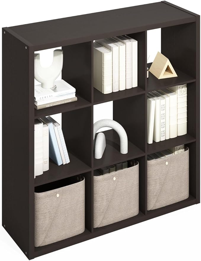 Furinno Simple Cube Storage Organizer, 9-Cube Display Shelf, Open Back Shelving Unit, Storage Shelves, Extra Thick Frame, for Organization and Storage, Living Room, Home Office, Dark Oak - Image 5