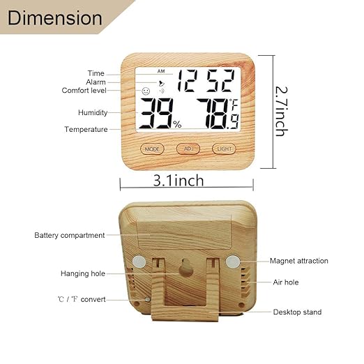 Digital Hygrometer Indoor Thermometer, Temperature Humidity Gauge with Desk Clocks for Bedroom Office,Backlit Accurate Monitor Clear Reading,Time Display Room Thermometer for Home Greenhouse Wooden - Image 3