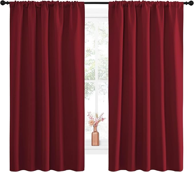 NICETOWN Christmas Burgundy Blackout Curtains and Drapes - Soft Fabric Thermal Insulated Solid Rod Pocket Room Darkening Draperies for Window (2 Panels, 52 inches Width by 63 inches Length) - Image 2