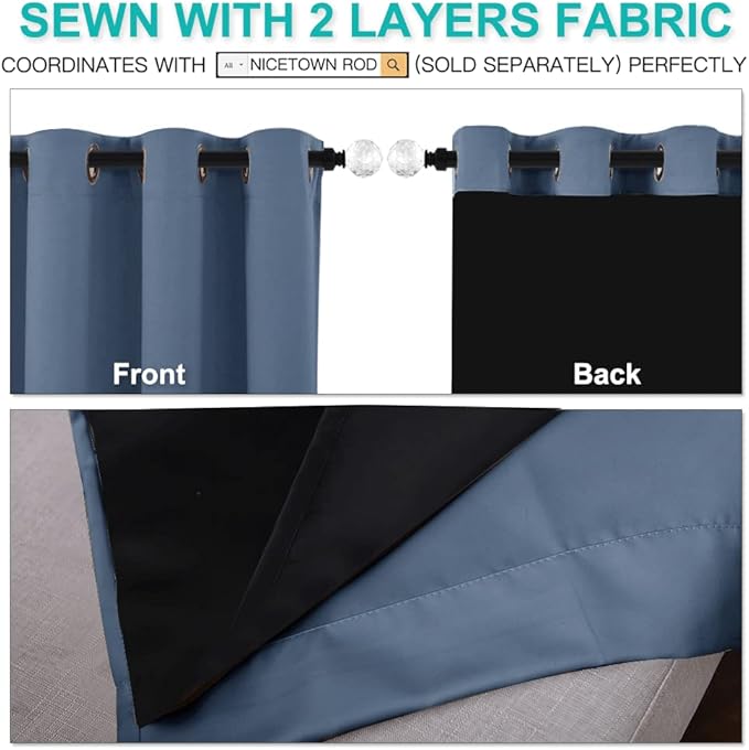 NICETOWN Insulated 100% Blackout Curtains, Noise Reducing Performance Drapes with Black Lining, Full Light Blocking Draperies for Overnight Shift Worker (Stone Blue, 1 Pair, 52 inches x 95 inches) - Image 5