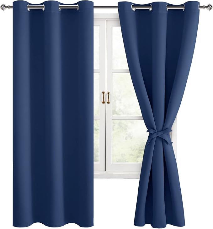 Hiasan Room Darkening Curtains for Bedroom, Noise Reducing, Energy Saving Blackout Window Curtain Panels, Sewn with Tiebacks, Set of 2, Grommet Top (Navy, Width 38 Inch x Length 72 Inch) by Hiasan