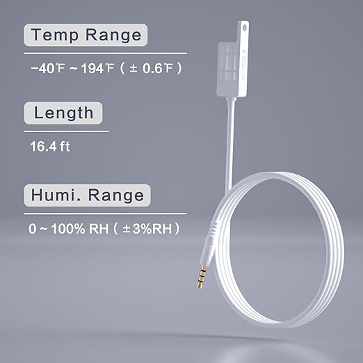 External Temperature & Humidity Sensor Probe – Waterproof, Wide Range (-40°F to 194°F, 0 to 100% RH), 16.4ft Length for Greenhouse, Farm, Industrial, Only for FALA IOT Detector, 5 Meters - Image 2
