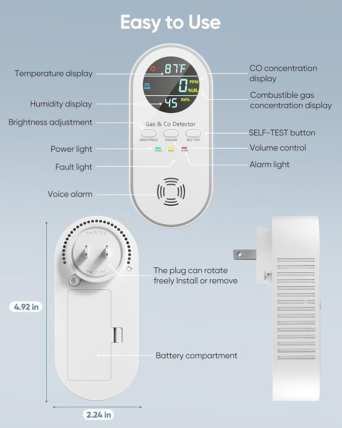 5-in-1 Carbon Monoxide Detectors, Natural Gas Leak Detector, Plug-in & Battery Backup Co Detector, HD Digital Display, CO Gas Temp Humidity Sensor Vilfet, 2-Pcs, White - Image 4