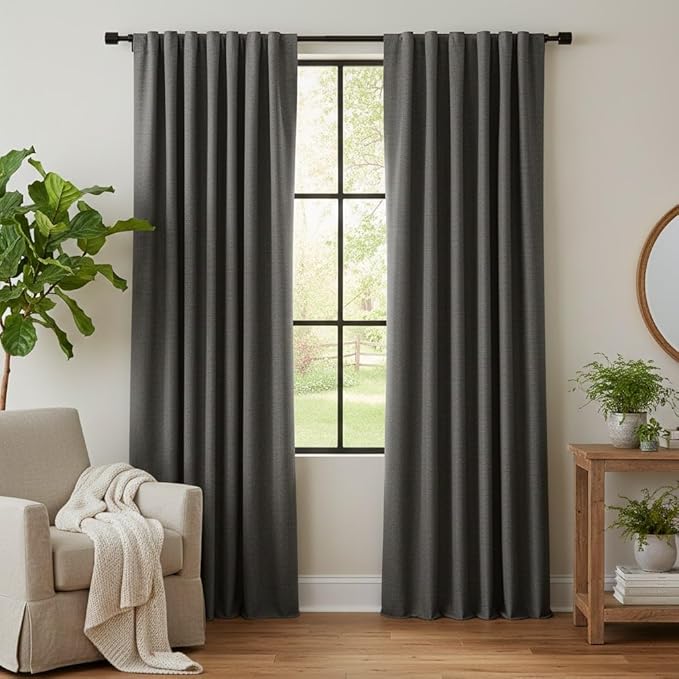 RYB HOME Grey Linen 100% Blackout Curtains for Bedroom 120 inch Long 52 inch Width, Extra Long Drapes Thermal Insulated&Privacy Assurd for Sliding Glass Doors/Dining, Back Tab&Rod Pocket, 2 Panels by RYBHOME