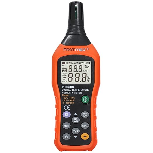 Protmex PT6508 Temperature Humidity Meter, Digital Thermometer Hygrometer Monitor with Ambient, Dew Point, Wet Bulb for Indoor/Outdoor MIN, MAX, Data Hold, LCD Backlight by Protmex