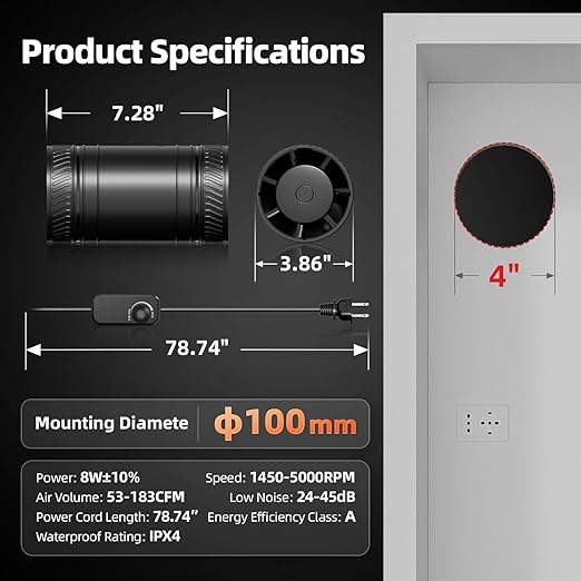 4 Inch Inline Duct Fan with Speed Controller, Upgraded Inline Fans High-Efficiency Exhaust Duct Fan, Low Noise HVAC Ventilation in Basement Bathroom Workshop Attic Grow Tent - Image 6