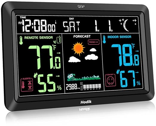 Weather Station Atomic Clock Indoor Outdoor Thermometer Wireless, Barometer Humidity Temperature Monitor Hygrometer with High Precision Sensor Black by Hodik