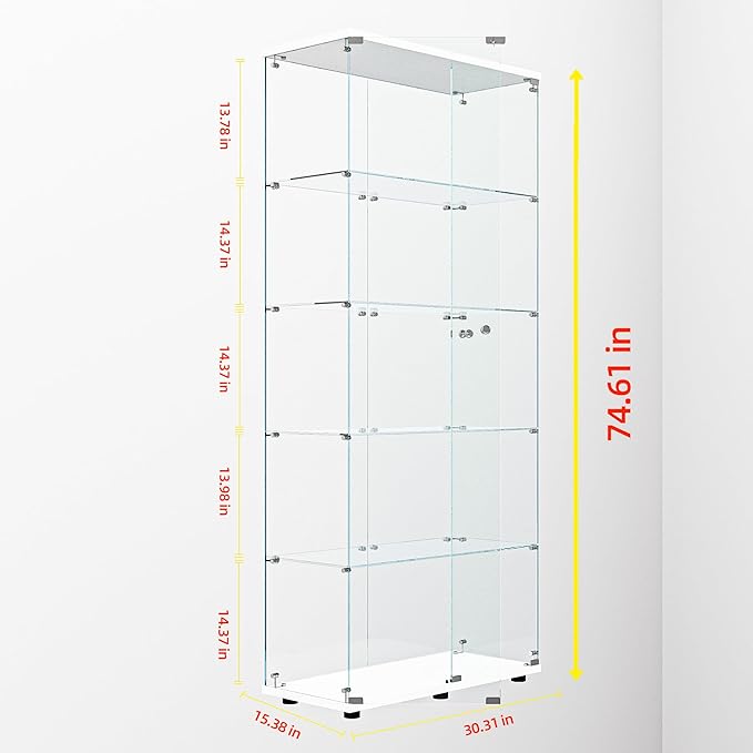 Yoluckea 5-Tier Glass Display Cabinet with Paipai Light, 2-Door Floor Standing Curio Cabinet with Adjustable Floor Feet for Home Office Corner Display, White Glass Bookshelf for Collections and Decor - Image 2