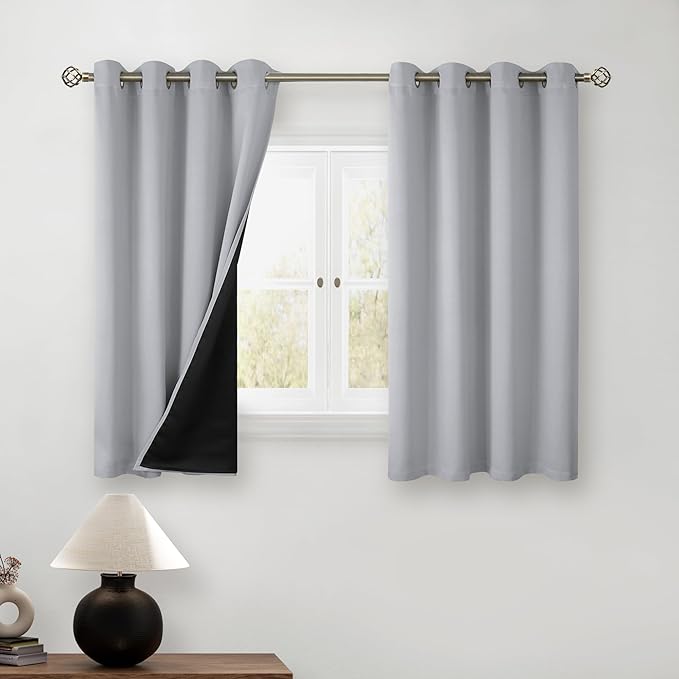 BGment Short 100% Blackout Curtains for Bedroom, Thermal Insulated Energy Efficiency Noise Reducing Grommet Curtains 45 Inch Length with Liner for Small Window 2 Panels Each 52 Inch Wide, Light Grey by BGment