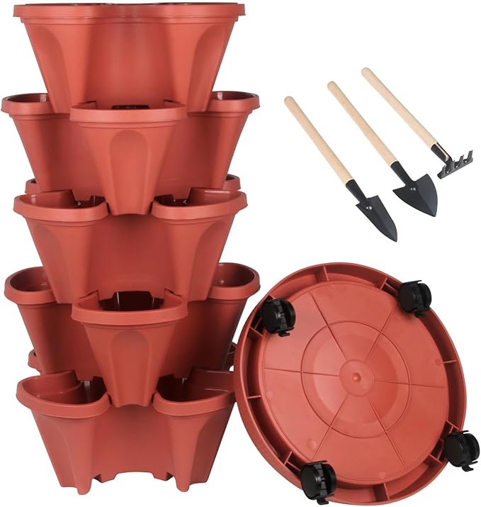 DUNCHATY Stackable Planters 5 Tier Vertical Garden Planting Tower Planters Strawberry, Herb, Flower, and Vegetable Planter Indoor Outdoor Gardening Pots with Removable Wheels and Tools by DUNCHATY
