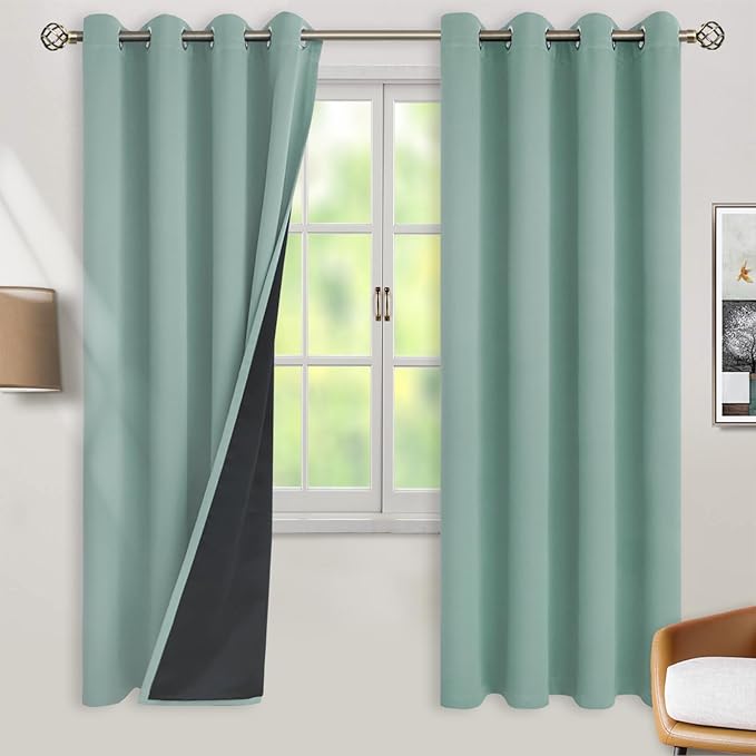 BGment Thermal Insulated 100% Blackout Curtains for Bedroom with Black Liner, Double Layer Full Room Darkening Noise Reducing Grommet Curtain (52 x 72 Inch, Frosty Green, 2 Panels) by BGment