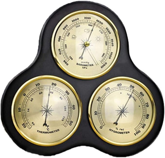 3-Piece Triangular Hygrometer Pressure Gauge Thermometer Barometer with Wooden Frame Base Decorative Wooden Weather Station Instrument to Monitor Atmospheric Pressure by Unknown