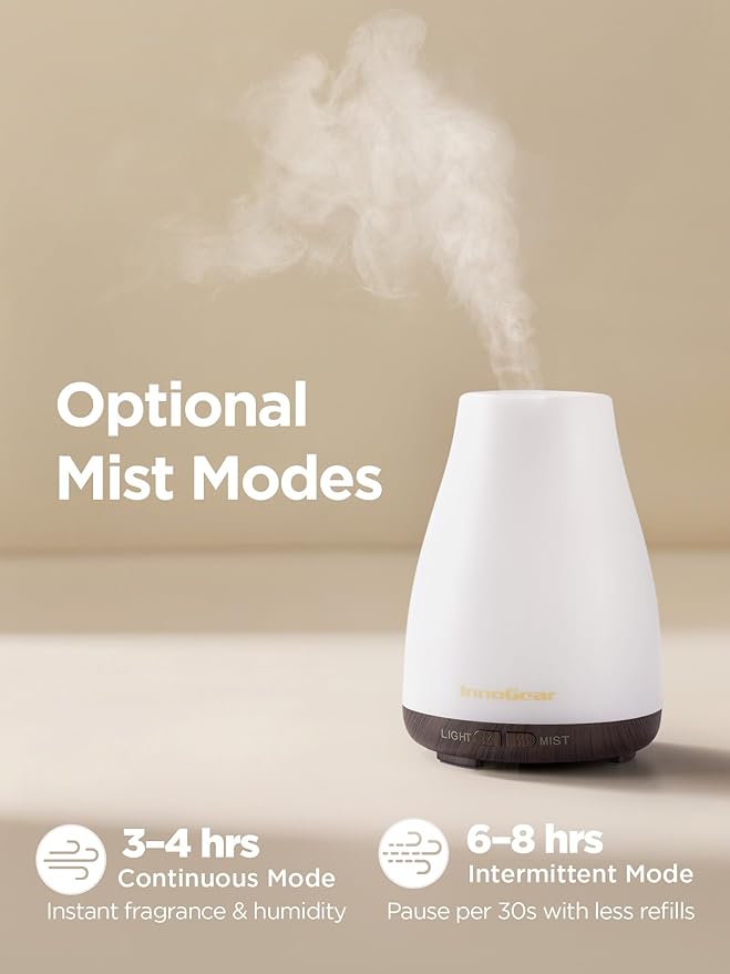 InnoGear Essential Oil Diffuser, Ultrasonic Diffusers for Home Aromatherapy Humidifier for Bedroom Room 7 Colors LED 2 Mist Mode Auto Off, Brown Base - Image 3