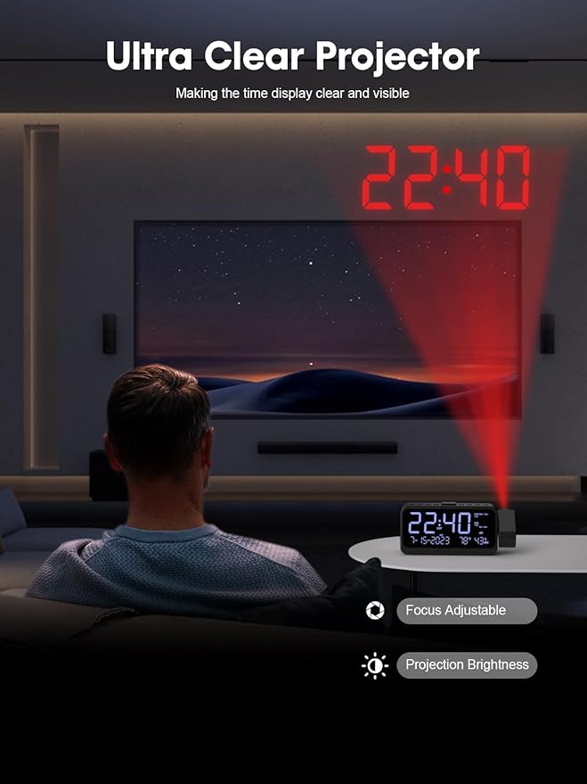 ROCAM Projection Alarm Clock, Digital Clock with 180° Projector on Ceiling Wall, Dual Loud Alarm Clocks for bedrooms with Weekday/Weekend Mode,2 USB Ports, Dimmer, Temp, Humidity, Night Light, Snooze - Image 3