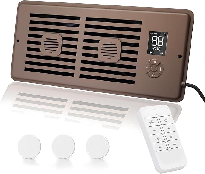 Register Booster Fan for 4" x 12" Vents Only, 10 Speeds to Control Cool and Warm Airflow, Air Conditioning Vents with LED Screen Remote & Thermostat Control, for Room Walls & Floors (Brown) by WeeLeeGoo