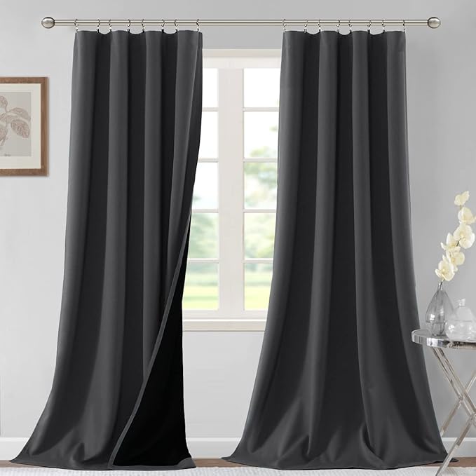 H.VERSAILTEX 100% Blackout Curtains for Bedroom Thermal Insulated Blackout Curtains 96 Inches Long Rod Pocket/Clip Rings Curtains for Living Room with Black Liner 2 Panels, Charcoal Gray by HVERSAILTEX