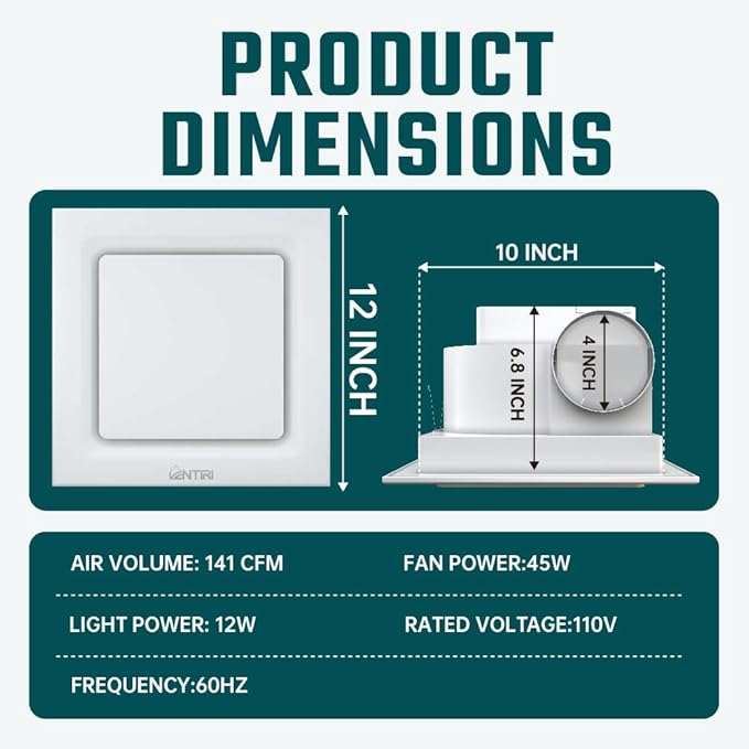 Bathroom Exhaust Fan, 12 INCH, Upgraded Quiet Square Vent Fans, 141 CFM, for Bathroom, Office, Home - Image 2