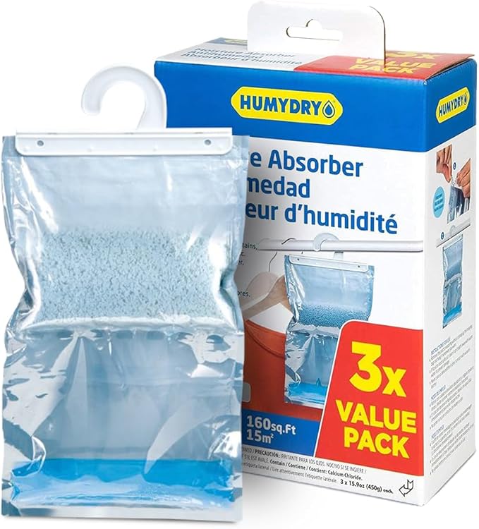 HUMYDRY Hanging Moisture Absorber Bags, 18 Count, 6 Packs of 3 Unscented 15.9 Oz Dehumidifiers for Closets Wardrobes Storage Areas, Non Electric Humidity Absorbers for Small Enclosed Spaces by Humydrymoistureabsorbers