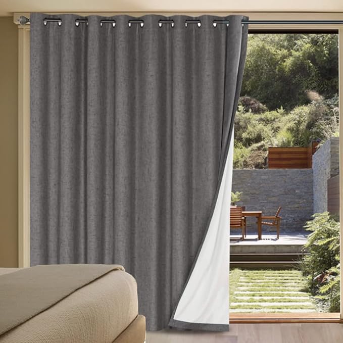 H.VERSAILTEX Linen Blackout Curtains Durable Thick Textured Linen Look 100% Blackout Patio Door Curtain Anti Rust Grommet Extra Wide Sliding Door Curtain Panel, W100 x L96 inch - Grey by HVERSAILTEX