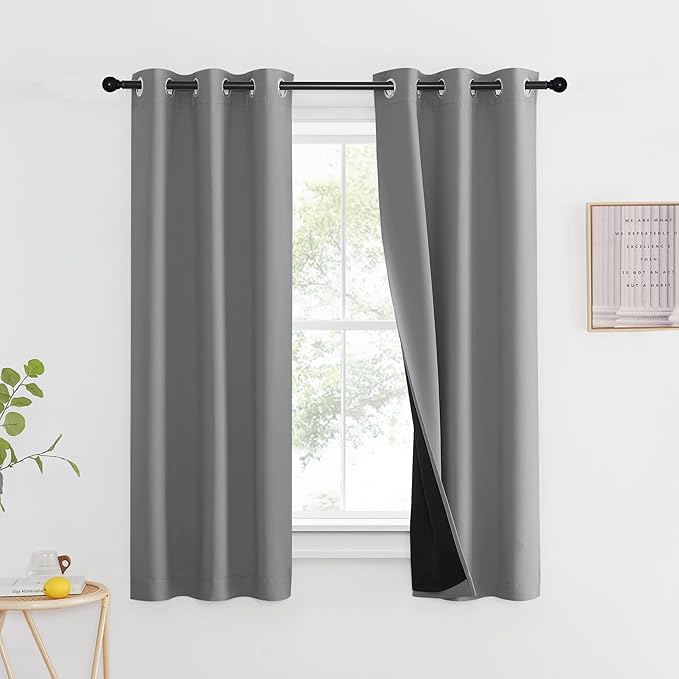 NICETOWN 100% Blackout Curtain with Black Liner, Thermal Insulated Full Blackout 2-Layer Lined Drape, Energy Efficiency Window Drapery for Bedroom (Silver Grey, 1 Panel, 37-inch W by 63-inch L) by NICETOWN