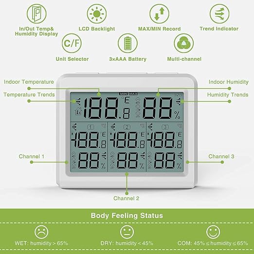 KeeKit Indoor Outdoor Thermometer, Digital Hygrometer Meter Gauge with 3 Wireless Sensors, Temperature Humidity Monitor with LCD Backlight, Min/Max Record for Home, Office, Restaurants, Bars, Café - Image 4