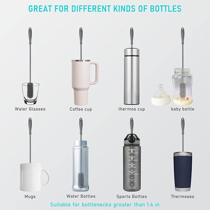 15.7" Silicone Bottle Brush, ddLUCK Water Bottle Cleaner Brush for Stanley, Hydroflasks, Glass, Thermos Sports Bottle, Vase and Glassware, Bottle Brush Cleaner for Small Narrow Neck Containers (Gray) - Image 2