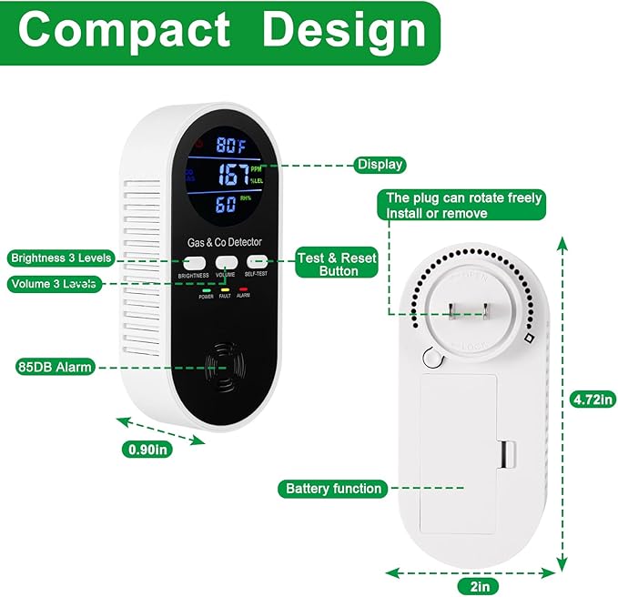 5-in-1 Combination Gas & Carbon Monoxide Detector with Battery Backup,Plug in Natural Gas Detector & CO Alarm with Temperature(°F) & Humidity Sonsor,Propane & CO Detector for Home,RV,Apartment - Image 2