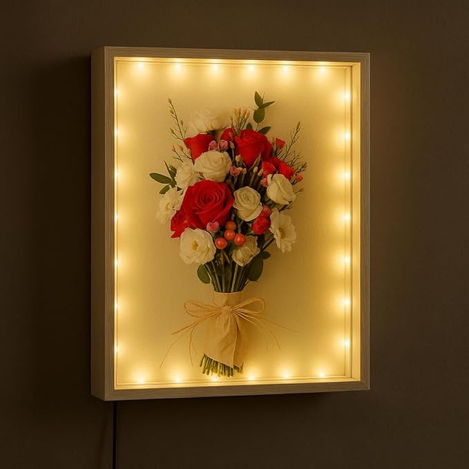 Dried Flowers Shadow Box with LED Light Changeable Picture Display & Storage Frame Wall-mounted Artwork Display Frame (Red Plum) by LuxRound