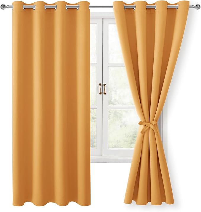 Hiasan Blackout Curtains for Bedroom, 52 x 63 Inches Length - Thermal Insulated & Light Blocking Window Curtains for Living Room, 2 Drape Panels Sewn with Tiebacks, Pumpkin Orange by Hiasan
