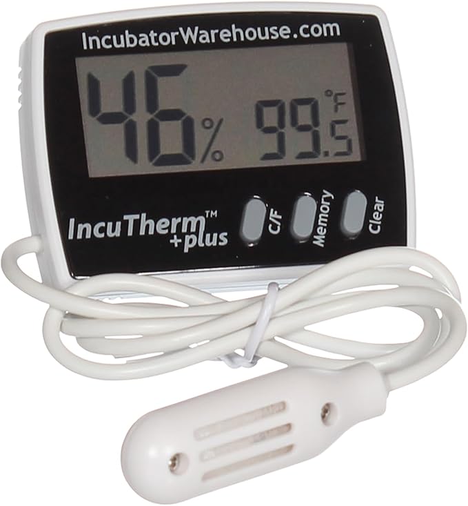 Incubator Warehouse IncuTherm™ Plus Digital Thermometer and Hygrometer for Egg Incubator - Large Digital Display with Min/Max Memory - Remote Probe - Reads Celsius and Fahrenheit +/-1° 1109 IWTH01 by IncubatorWarehouse