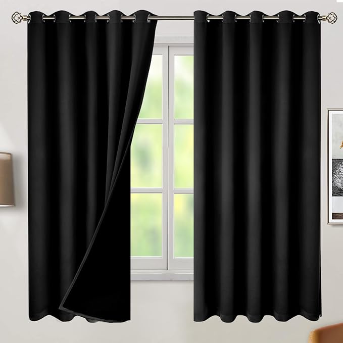 BGment Thermal Insulated 100% Blackout Curtains for Bedroom with Black Liner, Double Layer Full Room Darkening Noise Reducing Grommet Curtain (60 x 63 Inch, Black, 2 Panels) by BGment