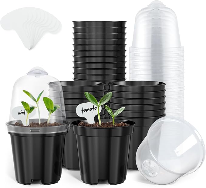 homenote Nursery Pots for Plants,3 Inch Plant Pot for Planting with Humidity Domes Plastic Seedling with Drainage Holes Seed Starter Flower with 10 Labels Black (30 Pack) by HOMENOTE