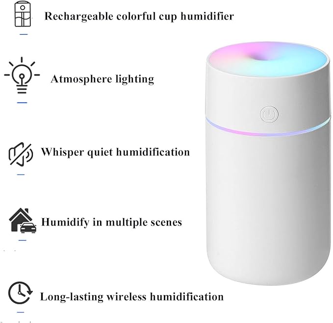 Humidifier, Humidifiers for Bedroom with Colorful Atmosphere Lights,2 Mist Modes Quiet, Easy to Clean, Small Portable for Plants, Baby, Car, Travel and Office(White) - Image 9