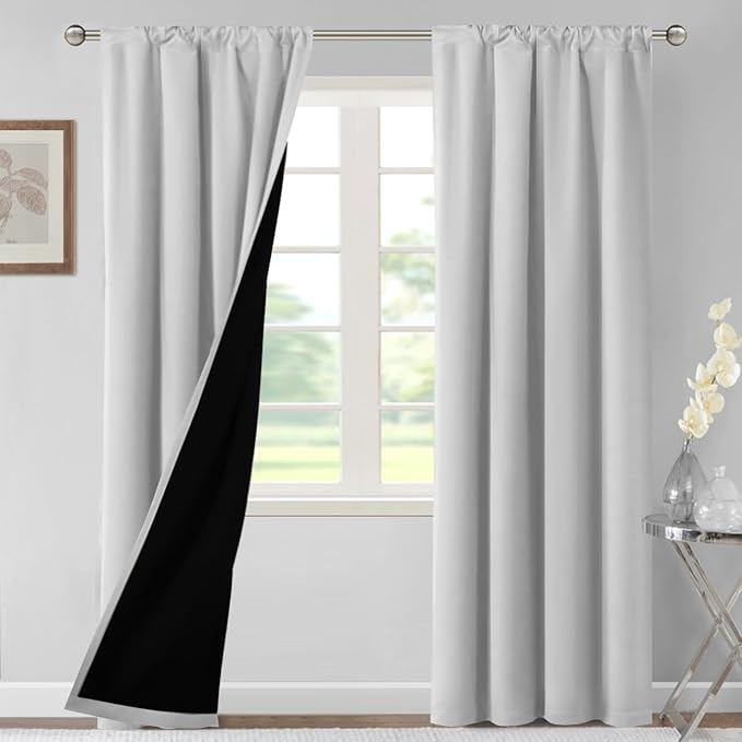 H.VERSAILTEX 100% Blackout Curtains for Bedroom Thermal Insulated Curtains & Drapes Blackout Curtains 84 Inches Long Rod Pocket Curtains for Living Room with Black Liner 2 Panels Set, Greyish White by HVERSAILTEX