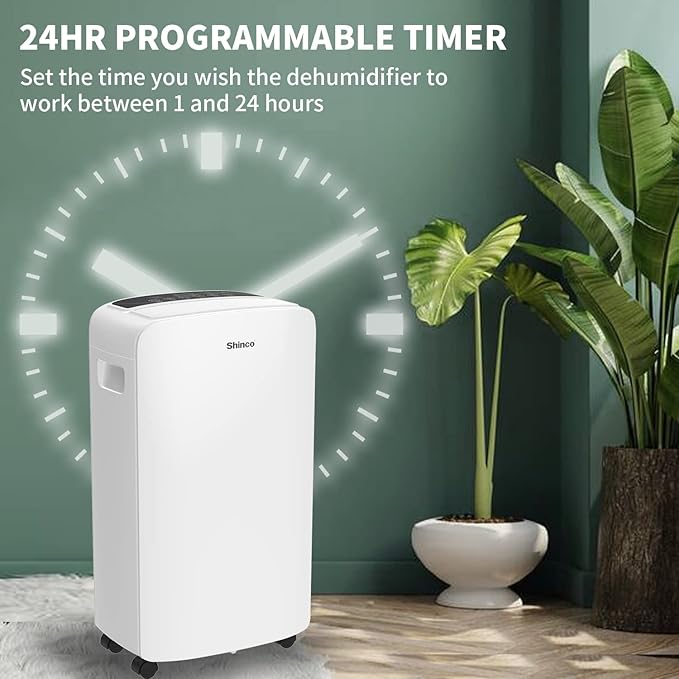 Shinco 40 Pints Dehumidifier for Home and Basements, 2000 Sq.Ft Dehumidifiers with Drain Hose, Auto or Manual Drainage, Auto Defrost, Quietly Remove Moisture, Intelligent Humidity Control, 24HR Timer - Image 5