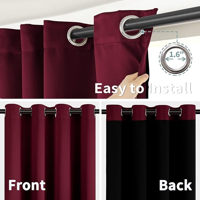 BGment Short 100% Blackout Curtains for Bedroom, Thermal Insulated Lined Energy Efficiency Noise Reducing Grommet Curtains 54 Inch Length for Small Window 2 Panels Each 42 Inch Wide, Burgundy Red - Image 6