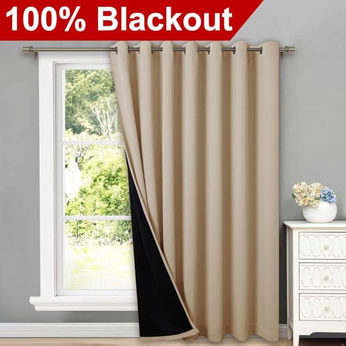 NICETOWN 100% Blackout Thermal Insulated Curtain, Noise Reducing Slider Curtain Panel with Black Lining, Full Light Blocking Patio Door Drapery (1 PC, 100-inch x 95 inches, Light Taupe=Biscotti Beige) - Image 2