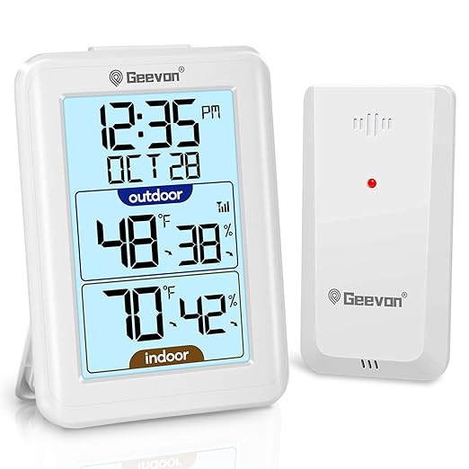 Geevon Digital Hygrometer Indoor Outdoor Thermometer Wireless with Clock, Backlight Temperature Gauge Humidity Monitor, Inside Outside Thermometer with 200ft/60m Range Remote Sensor,White by GEEVON