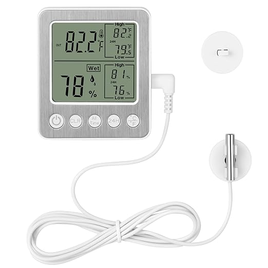 Digital Refrigerator Freezer Fridge Thermometer with Extra Sensor Digital Hygrometer max and min Before 24 Hours and All time Remember Reptile Tank Thermometer Hygrometer White zz20 by VLEJEARI